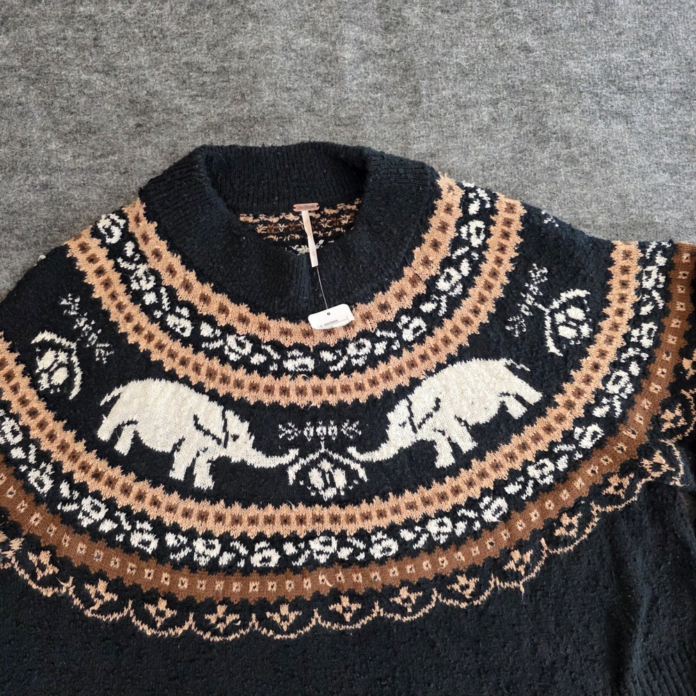 Free People Fair Isle Oversized Nellie Elephant Knit Sweater Large‎ Black Brown - Picture 5 of 14